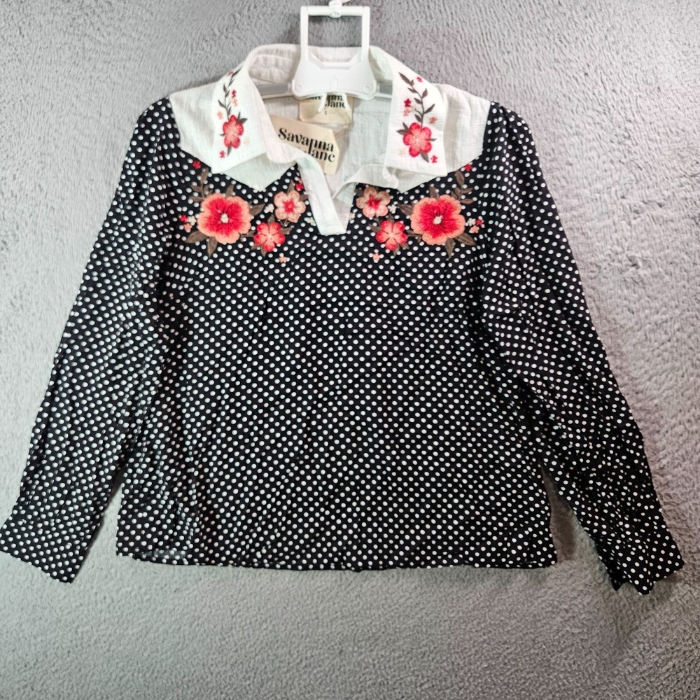 NEW Savanna Jane Collared‎ Embroidered Top Women Small Floral Polka Dot Comfy